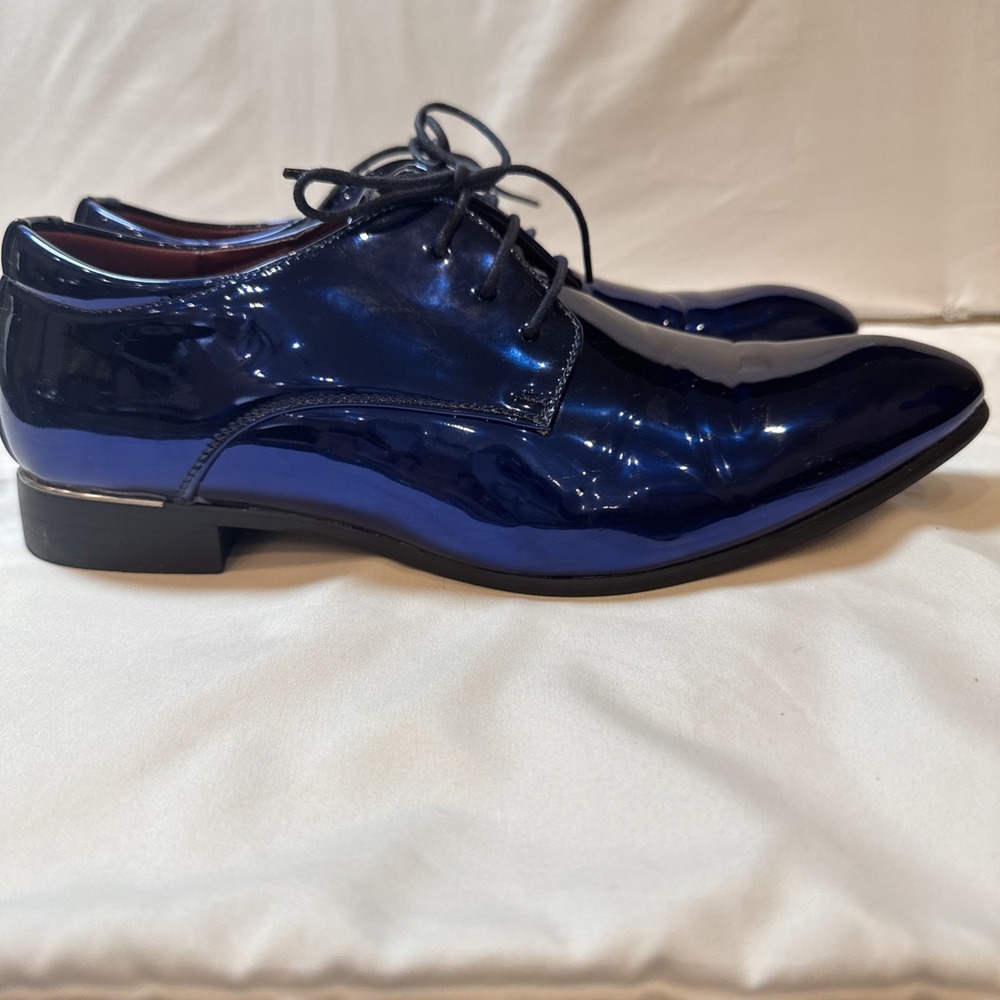 Men's Metallic Cobalt Blue Patent Leather Derby Dress Shoes EU46US12 Lace Up - Picture 3 of 16